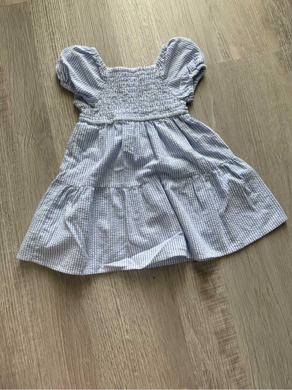 Girls Blue Seersucker Puff-Sleeve Dress